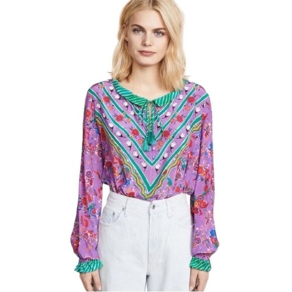 SALONI | Ali Silk Top in Snowdrop Pimpernel Purple & Green Women’s Size 2 - Picture 1 of 9